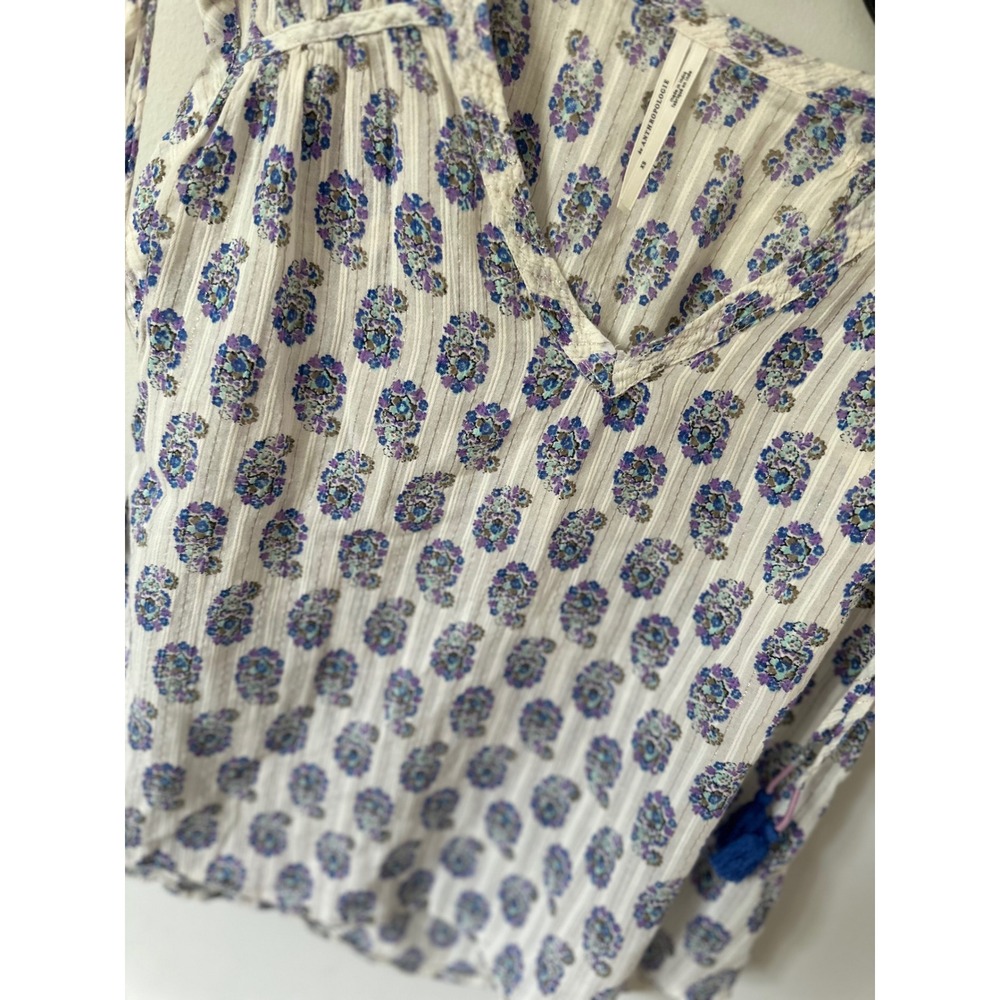 Anthropologie Blue Floral Tassel Tie Shoulder Metallic Stripe Blouse XS - Picture 5 of 9